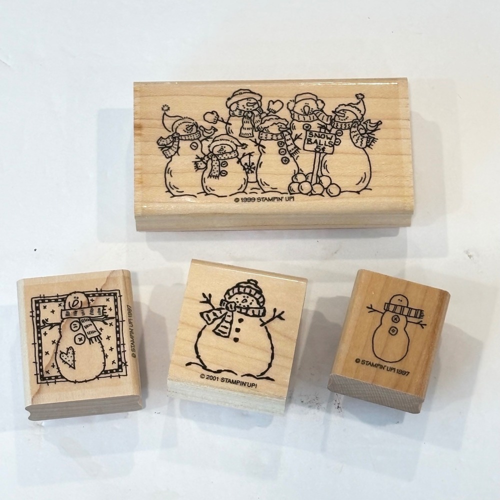 Stampin Up Snowman Rubber Stamp Lot 4 Wood Mounted Winter Holiday Vintage